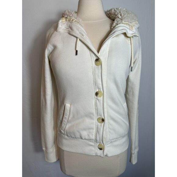 Y2K White Abercrombie Button Up Hoodie with Faux Fur - Fits Like a XS/S - Picture 7 of 8